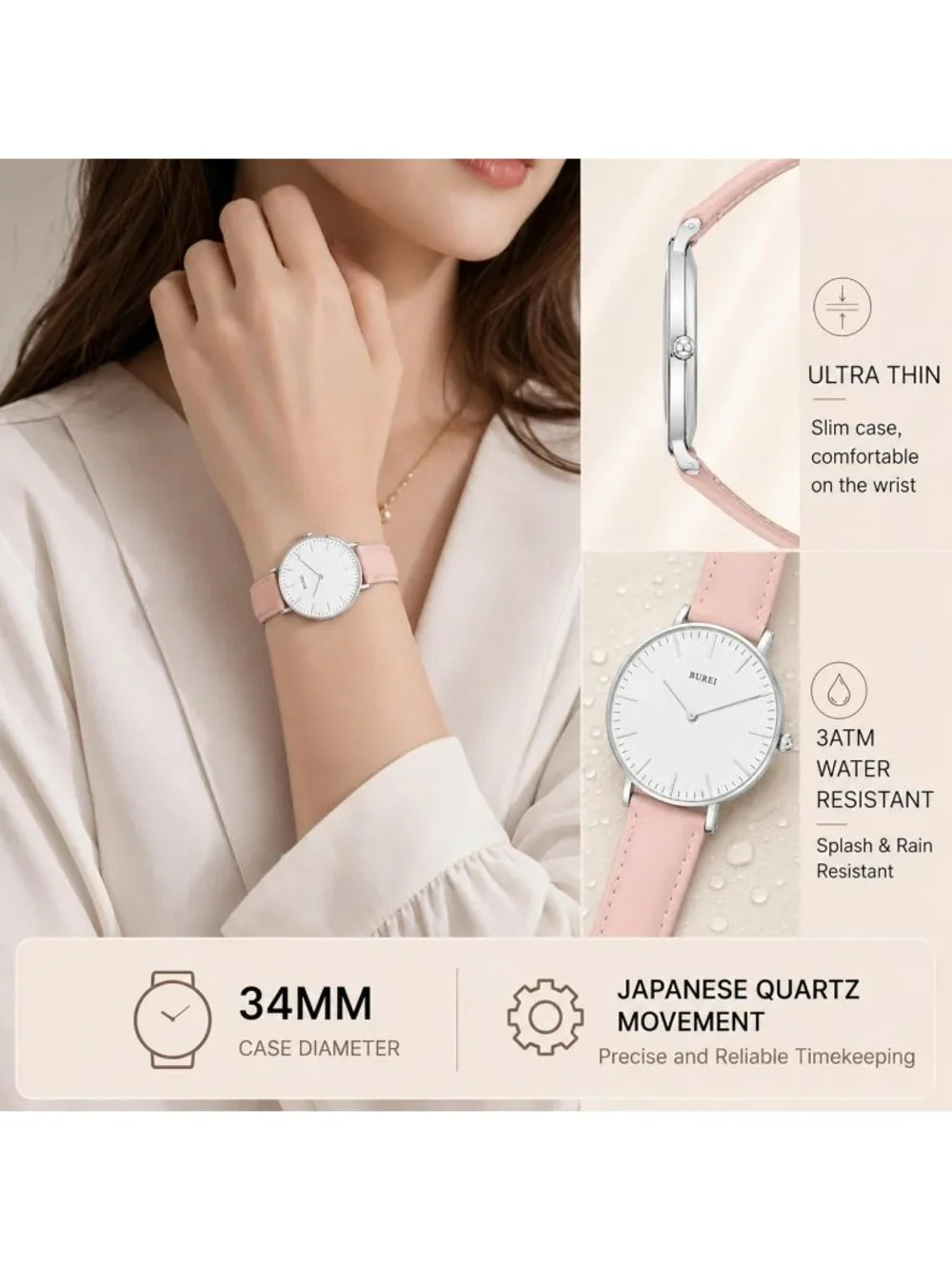Women's White Silver Pink Minimalist Analog Quartz Waterproof Dress Wrist Watch